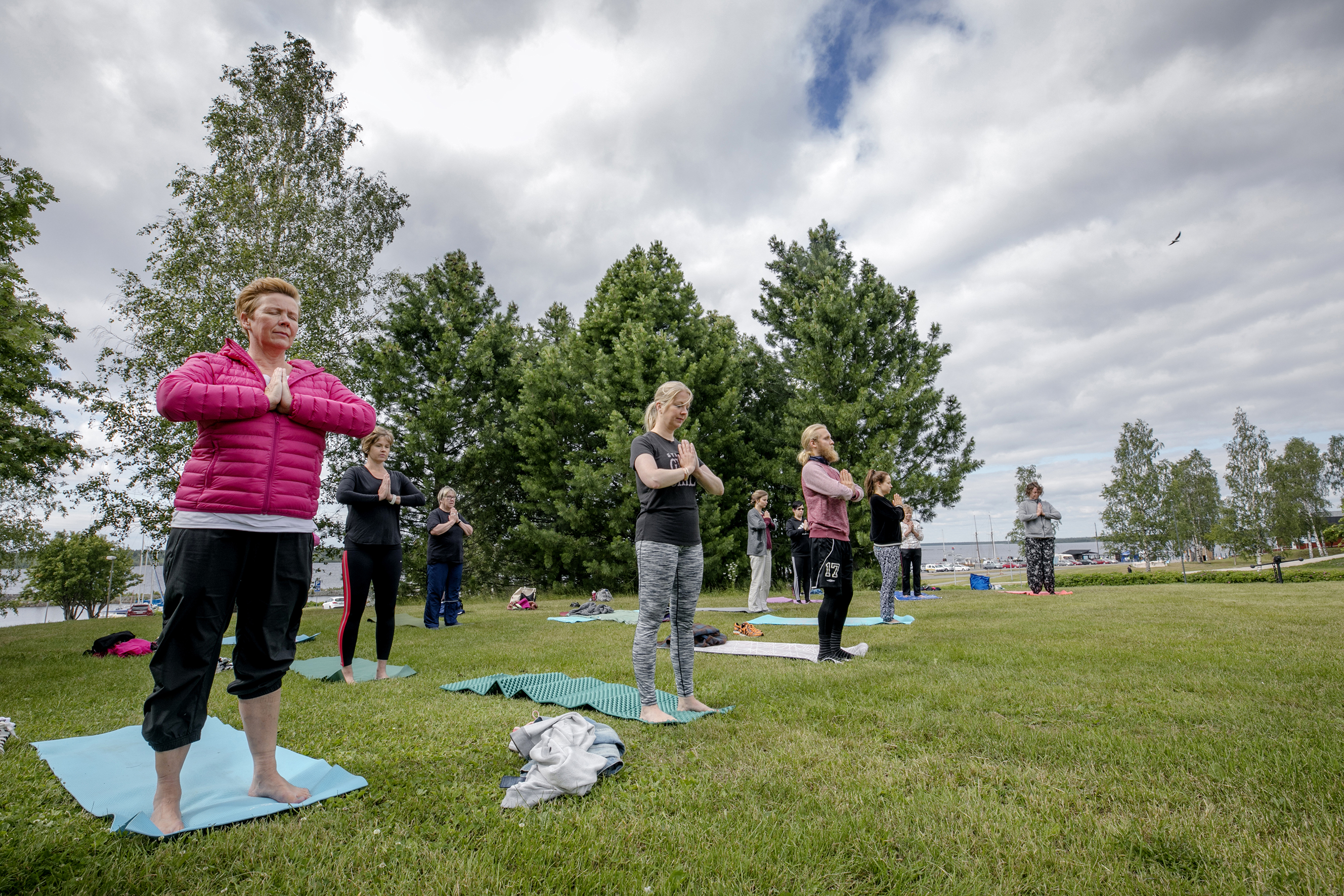 Some people doing yoga at a park by the sea.