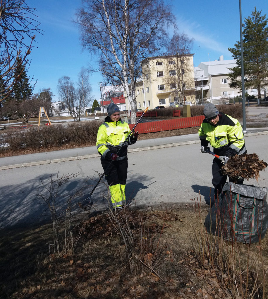 Puiston kevätsiivousta, kaksi henkilöä työssä.