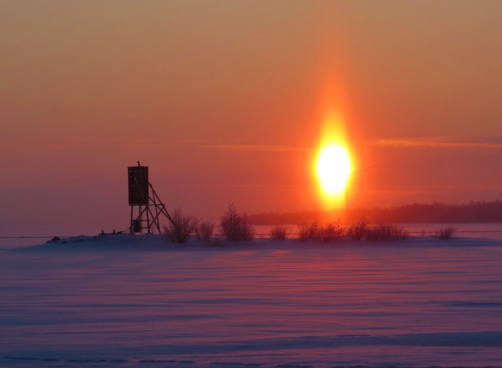 Sinipunainen talvinen kuva merenjäältä, aurinko loistaa kirkkaana