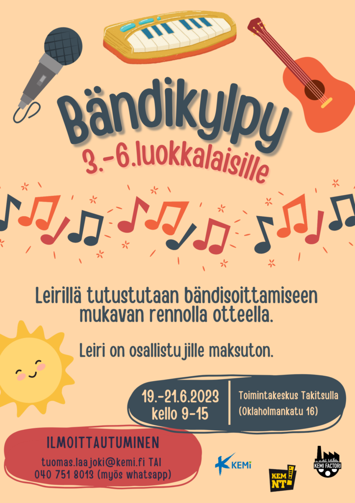 Bändikylpy 3.-6.luokkalaisille Toimintakeskus Takitsulla 19.-21.6.2023.