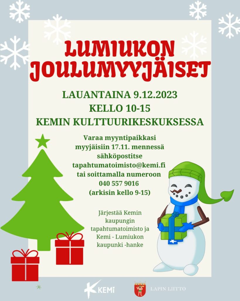 Lumiukon Joulumyyjäiset Kulttuurikeskuksessa 9.12.2023