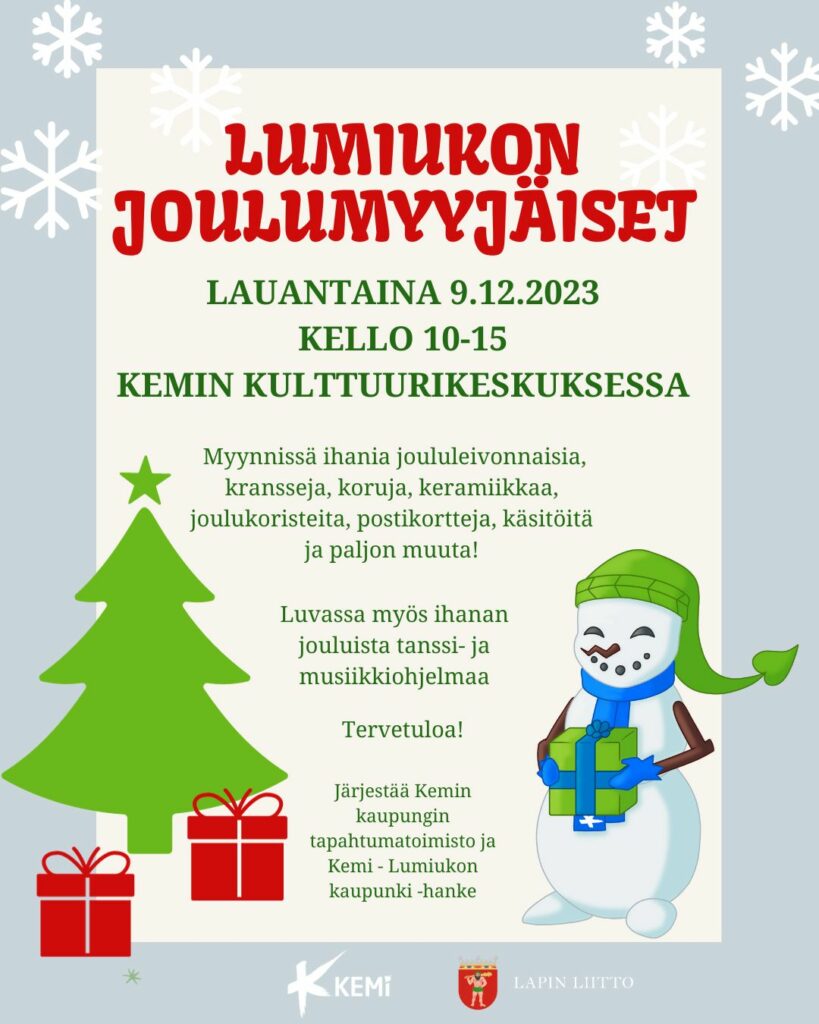 Lumiukon Joulumyyjäiset Kulttuurikeskuksessa 9.12.2023.