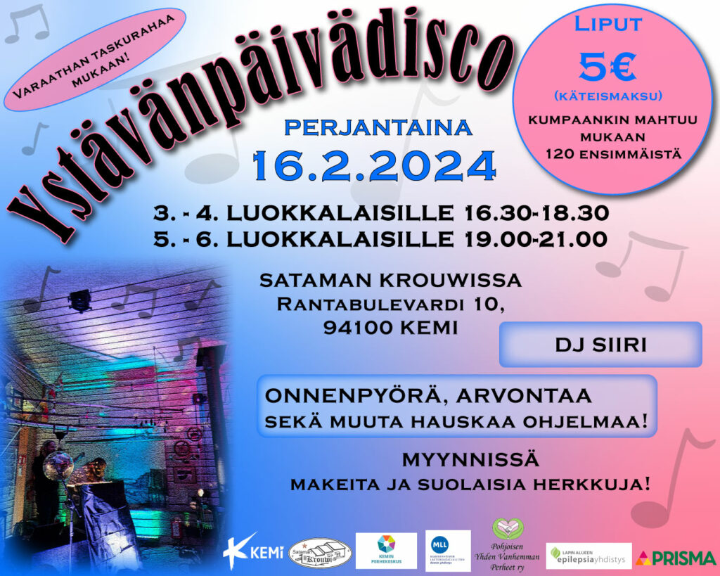 Ystävänpäivädisco 3.-6. luokkalaisille 16.2.2024.