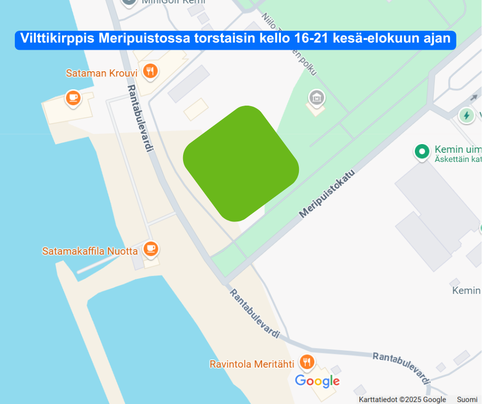 Karttakuva, jossa on virkeällä merkitty alue Meripuiston eteläkulmassa.