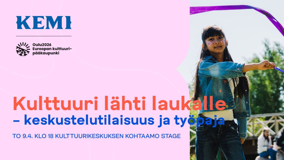 Kameraan katsova lapsi heiluttaa värikästä nauhaa kesäisessä maisemassa.