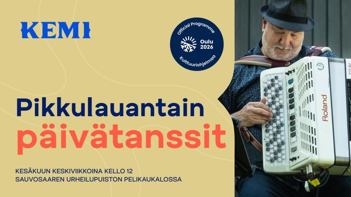 Lähikuva harmonikansoittajasta, logoja, tapahtuman tiedot tekstinä.
